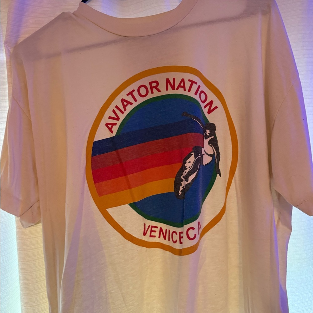 Aviator Nation White Tee with Rainbow Graphic